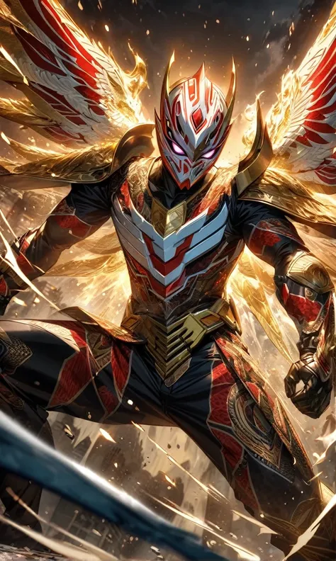 absurdres, highres, ultra detailed, HDR, masterpiece, extremely detailed face and eyes,Indonesian Kamen rider,Epic wings,red and white Garuda Kamen rider costume, Garuda Kamen rider mask, , Indonesia batik pattern , solo, man, handsome, ,, , Epic fight sce...