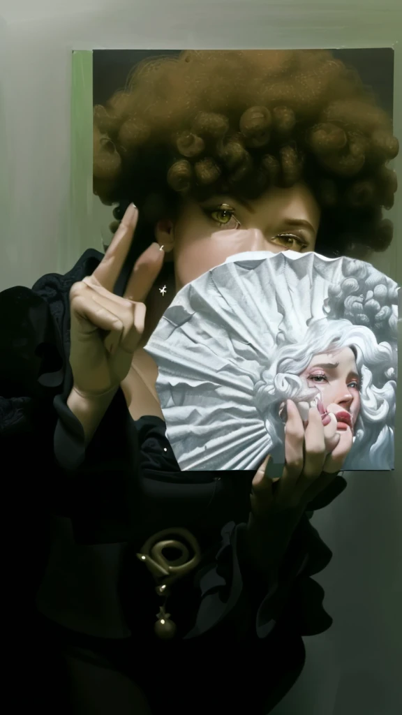 (best quality,4k,8k,highres,masterpiece:1.2),ultra-detailed,realistic,photorealistic:1.37, portrait, money fan covering her face, middle finger, curly afro