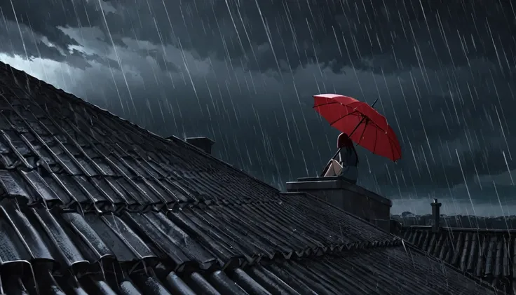 Ultra high definition animation. A girl sits with a red umbrella on a tiled roof with a chimney. The sky is full of dark clouds and it is raining.