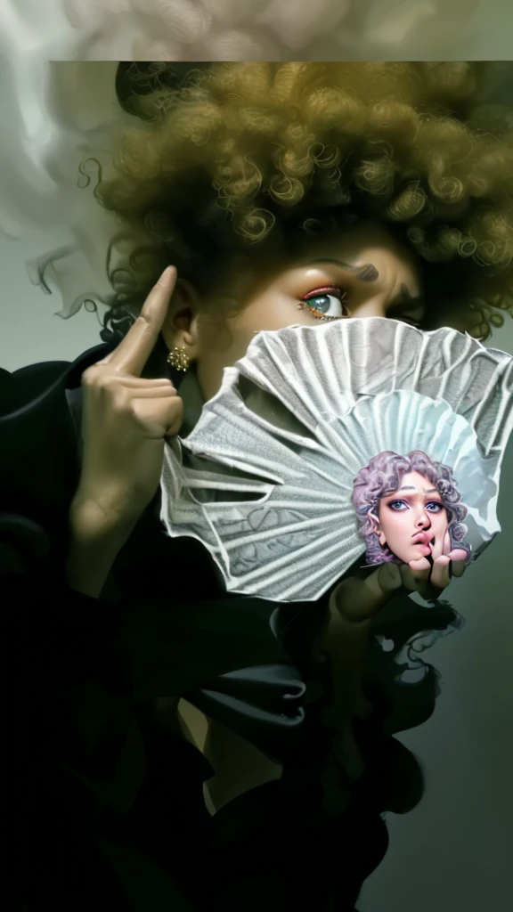 (best quality,4k,8k,highres,masterpiece:1.2),ultra-detailed,realistic,photorealistic:1.37,portrait,money fan covering face,middle finger,curly afro,beautiful detailed eyes,beautiful detailed lips,extremely detailed eyes and face,long eyelashes,angry expres...