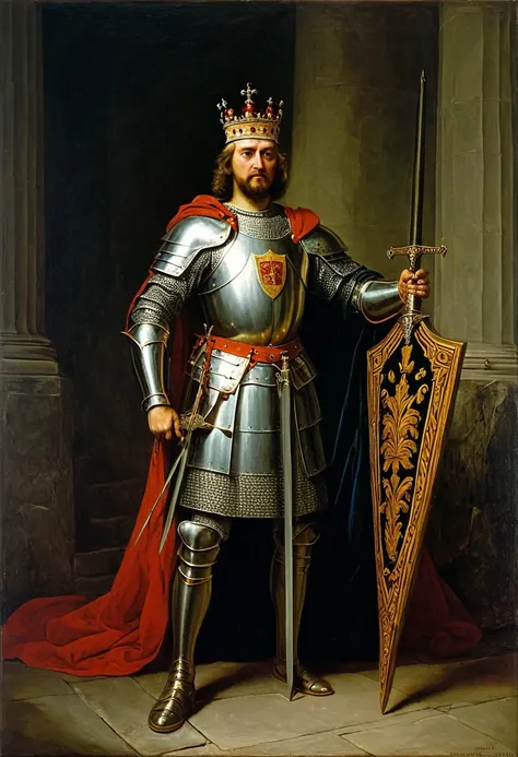 painting of a man in a crown holding a sword and a shield, by Roman Bezpalkiv, great king of stovokor, by Vladimir Borovikovsky, by Líviusz Gyulai, by Andrzej Wróblewski, by Vladimir Novak, by György Thickh, by Jan Stanisławski, holding his trident