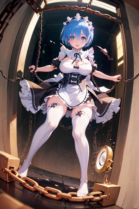 Plump、Show your pants、Fighting Pose、Weapons Morningstar、Underground Prison、((The floor beneath my feet is crumbling))、((((Rem in chains)))),(((((Fisheye Lens)))))、((Super huge breasts))、(((Plump thighs)))、(((Rem from Re:Zero)))、looking at the camera、High q...