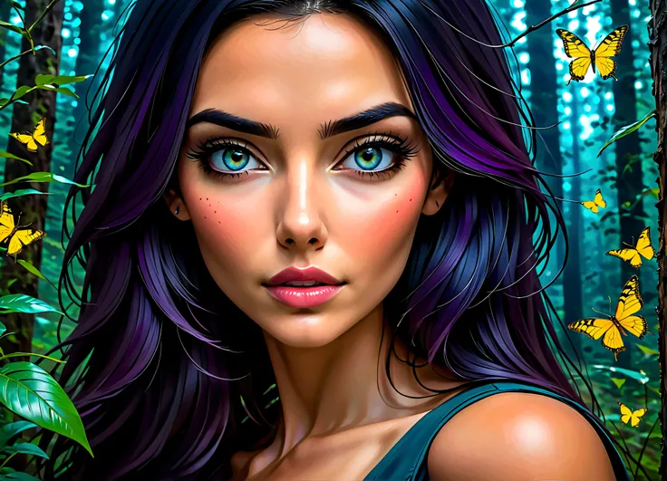 A captivating abstract portrait of a womans face that artfully blends her features with a nighttime forest landscape filled with fireflies. The eyes, nose, and lips stand out in vivid contrast to the surrounding colors, creating a mesmerizing interplay of ...
