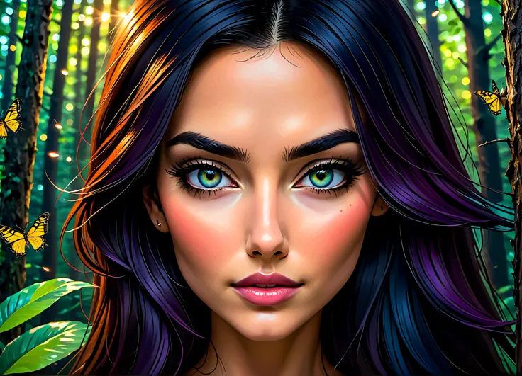 A captivating abstract portrait of a womans face that artfully blends her features with a nighttime forest landscape filled with fireflies. The eyes, nose, and lips stand out in vivid contrast to the surrounding colors, creating a mesmerizing interplay of ...