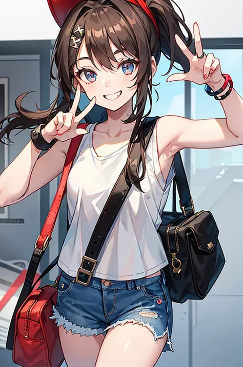 This character is a young girl with long brown hair tied in a high ponytail. She wears a white cap with a red symbol, a white tank top, a black sleeveless jacket, ripped denim shorts and black bracelets. She also has a gray shoulder bag. Her eyes are big a...