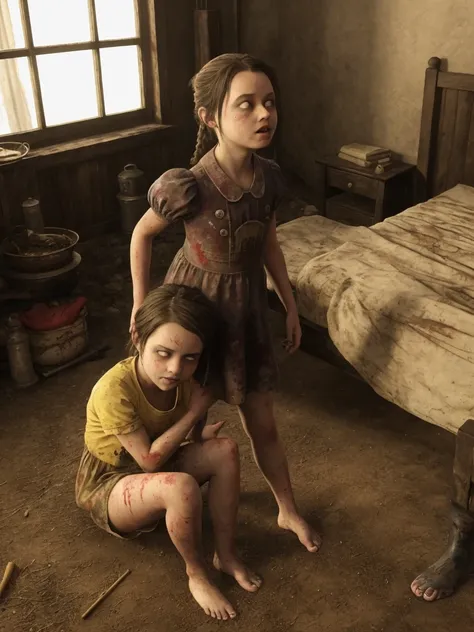 masterpiece, best quality, 1 girl, lilsis, dirty, blood, muddy dress, black hair, dress, horror (theme), alone, yellow eyes, dark, yellow sclera, glowing eyes, sinister, haunted house background, explicit notice
(barefoot, looking at viewer, sitting, feet ...