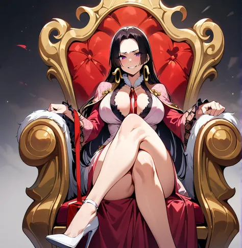 Boa Hancock,sitting on the throne, whole body,crossed legs, big breasts,I look at the viewer,I look with pity,a high resolution,High quality, masterpiece ,sfw,sexy, mocking , mocking smile,hold viewer on leash,leash in hand, white heels