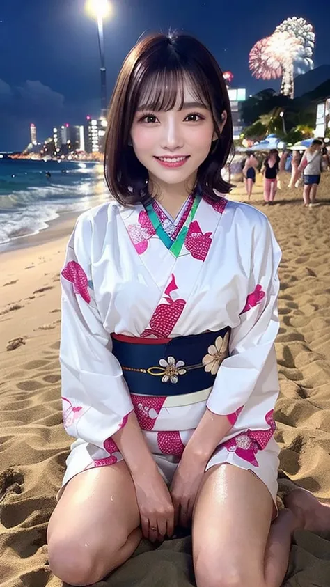 (highest quality、Tabletop、8k、Best image quality、Award-winning works)、One beautiful woman、(beautiful kimono:1.25)、(sitting with spreading legs on the beach at night,outdoor:1.35)、(fireworks all over the sky,star mine
:1.45)、(No makeup:1.1)、(Wet shiny short ...