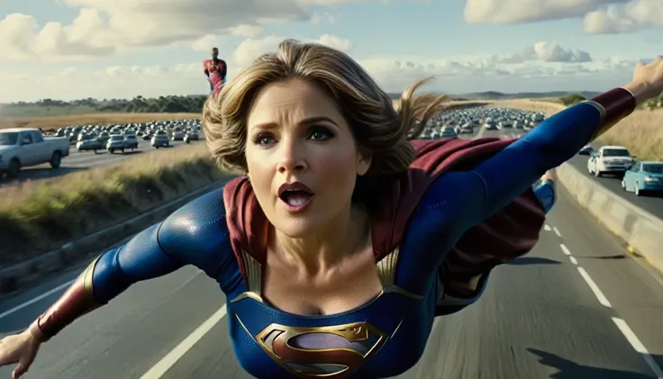 flying at super speed above a traffic jam; faster than a jet; old lorraine bracco busty((without glasses))) supergirl (((70 year...