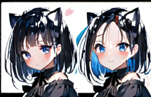 solo, handsome, Watercolor 1. Female,
Straight Bob Hair, black colored hair, 
Blue eyes,Softlook,Lolita,Drooping eyes,black cat ears,
Maid clothes,Off the shoulder,bra,skin,Sexy,smile,
black background,Embarrassed,Cat pose,