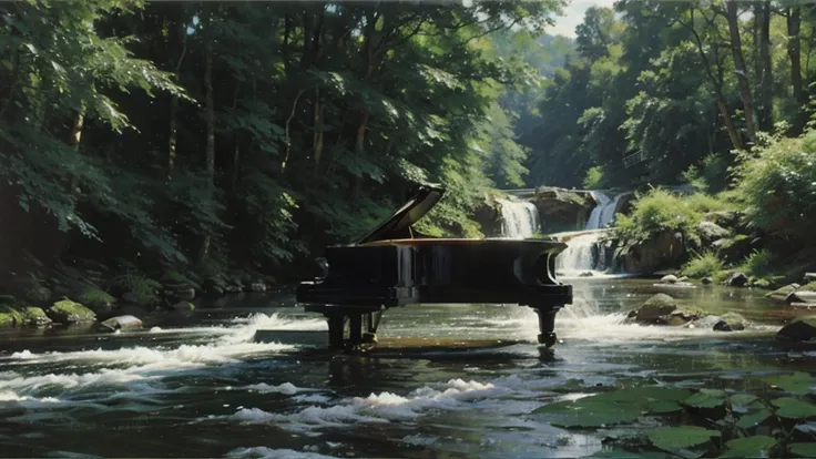 A grand piano on the bank near a stream flowing from a waterfall、White splashes are rising、In the forest of fresh greenery、A big black grand piano placed by the river、Makoto Shinkai-style anime illustrations、A rough illustration style、