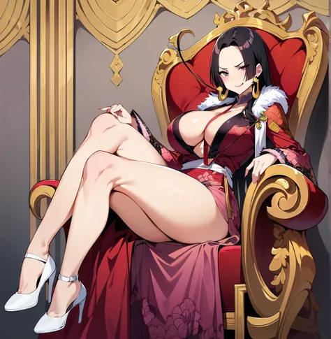 Boa Hancock,sitting on the throne, whole body,crossed legs, big breasts,I look at the viewer,I look with pity,a high resolution,High quality, masterpiece ,sfw,sexy, mocking , mocking smile,leash in hand, white heels