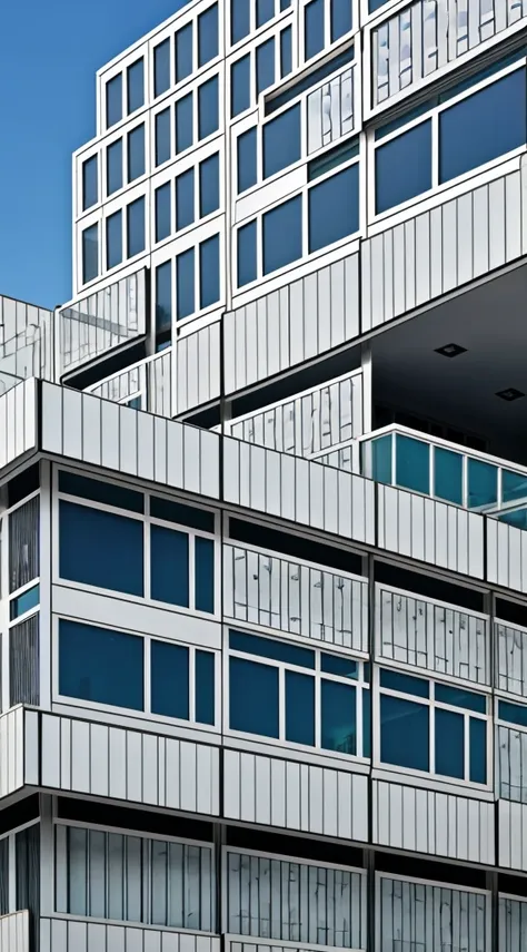 a close up of a building with a bunch of windows and a bench, perforated metal, coper cladding, modern details, metal panels, aw...