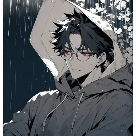 solo, handsome,Monochrome,
1 male, 
Ponytail, Braided black hair, 
red eyes, Gojo Satoru,casual, hoodie,
monotone,cool,Sadness,Feelings of emptiness,Emptiness,Round Glasses,Put on the hood,rain,
black background,Look down