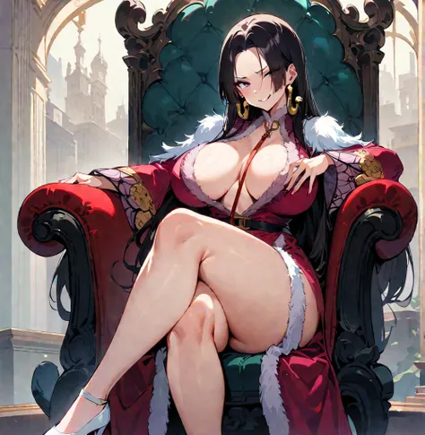 Boa Hancock,sitting on the throne, whole body,crossed legs, big breasts,I look at the viewer,I look with pity,a high resolution,High quality, masterpiece ,sfw,sexy, mocking , mocking smile,leash in hand, white heels,shacking breasts