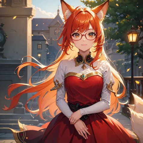 ((Best quality)), ((masterpiece)), (detailed), best quality，8k，original photo，This is a perfect face，Red Fox Maiden，touch fox，Castle Background， Liveliness. Carefree happy joy bokeh background. Quiet aesthetics. Soft lighting. Artistic Lighting. Gold frame...