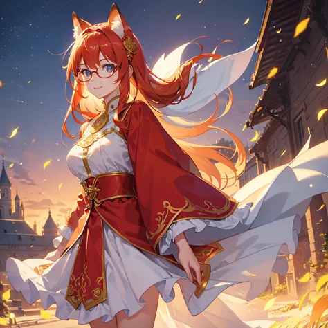 ((Best quality)), ((masterpiece)), (detailed), best quality，8k，original photo，This is a perfect face，Red Fox Maiden，touch fox，Castle Background， Liveliness. Carefree happy joy bokeh background. Quiet aesthetics. Soft lighting. Artistic Lighting. Gold frame...