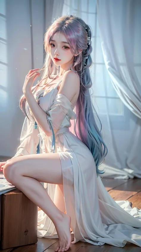 ((Shot in the knee)),（masterpiece、best quality、high resolution），（Color Background，（Splash of Color）），Sweet girl，Light blue and white medium length hair，[Light Blue|pink]hair，curls，Shiny，红pink的嘴唇，The cracks are relatively large，Splash of Color，Volumetric Li...