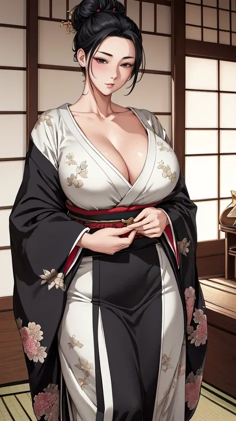 (highest quality), (so beautiful), (Super detailed), (Best illustrations),(Realistic), 1 girl, alone, Fine texture,Black Hair,Single hair bun,Shiny Hair,Big Breasts,eye make up,(Random color kimono 1.2),Japanese-style room