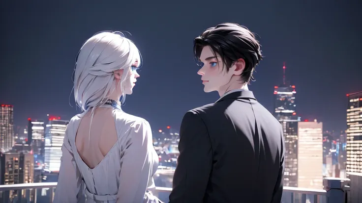 1 Boy&Girl , Boy medium light black hair, Girl medium light white hair, light blue eyes, wearing black suit, night city, 18+ , high res, ultrasharp, 8K, masterpiece, looking from behind