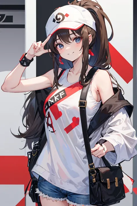 This character is a young girl with long brown hair tied in a high ponytail. She wears a white cap with a red symbol, a white tank top, a black sleeveless jacket, ripped denim shorts and black bracelets. She also has a gray shoulder bag. Her eyes are big a...