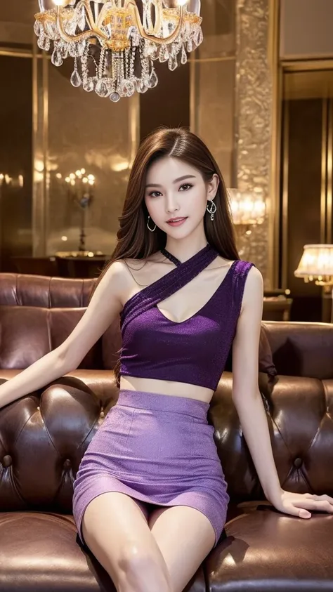 (Otherworldly beauty　Purple top　masterpiece、Top quality、Ultra-precise expression　See the whole body　On the table、(Detailed background),Sitting cross-legged on a luxurious sofa　　Mini skirt long brown hair　Luxury hotel chandelier、slim body lines、Very long le...