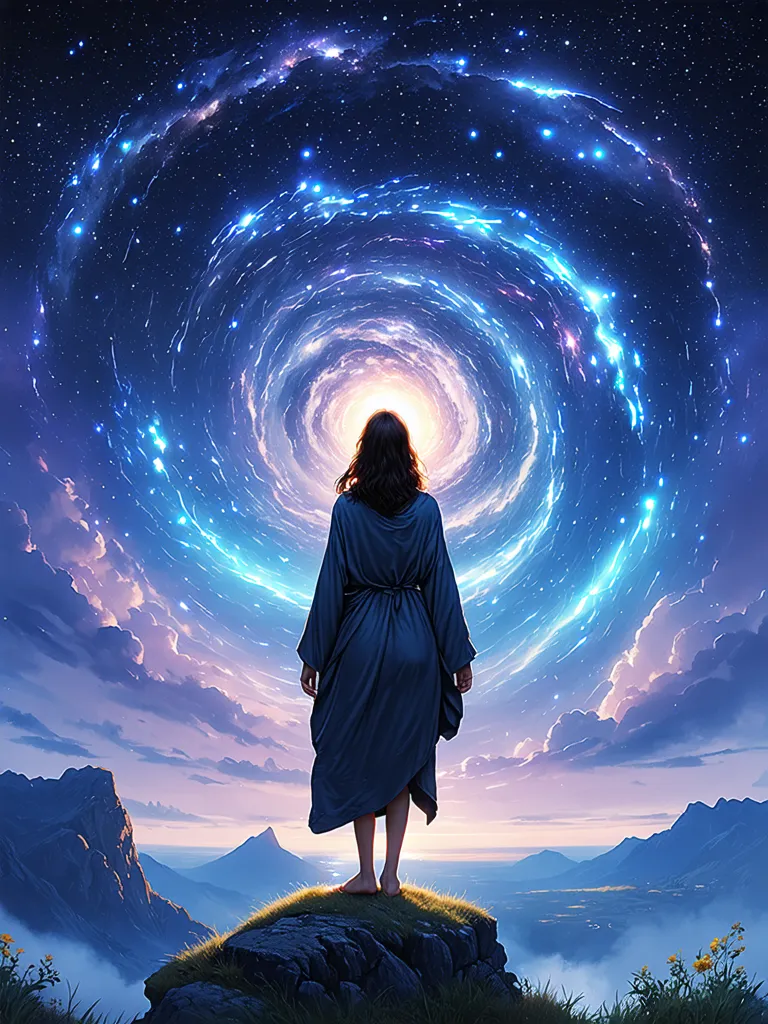 arafed image of a woman standing on a hill looking at a spiral of stars