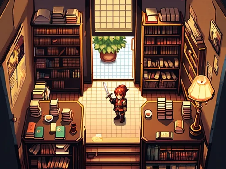 masterpiece, [thin outline],
BREAK,
inside the book shop, indoor,
BREAK,
(RPG maker style top down view), pixel art