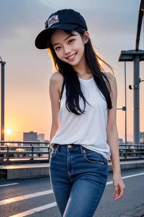 whole body、A friendly face、1. Cute girl、rough jeans、Pedestrian bridge、Skyscraper、sunset、Complex background、Detailed Hair、Black Hair、Dim lighting、long hair length、There is movement、(((Summer clothes)))、(((smile))),(((hat)))