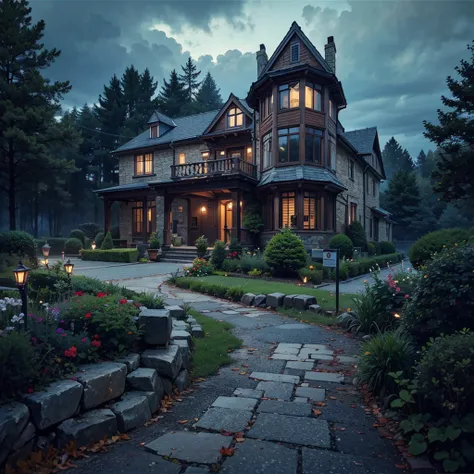 Dark windows with no light, a Romanesque Revival mansion accessed by a winding stone path surrounded by an English garden. There is a dense forest behind the house. There is a dark cloud above the house, which portends a downpour. The lights in the windows...