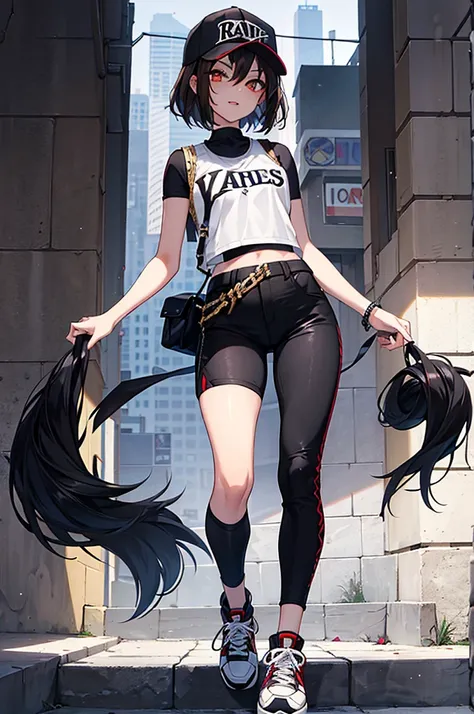 a young woman with short blackish-brown hair and golden eyes with black irises. She has a muscular but slim build, fang-like front teeth, and black-painted talons similar to those of a vampire. For clothing, she wears her signature baseball cap along with ...