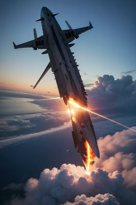 A burning fighter plane falling from the sky during a dogfight over the Pacific Ocean. "hyper realistc"