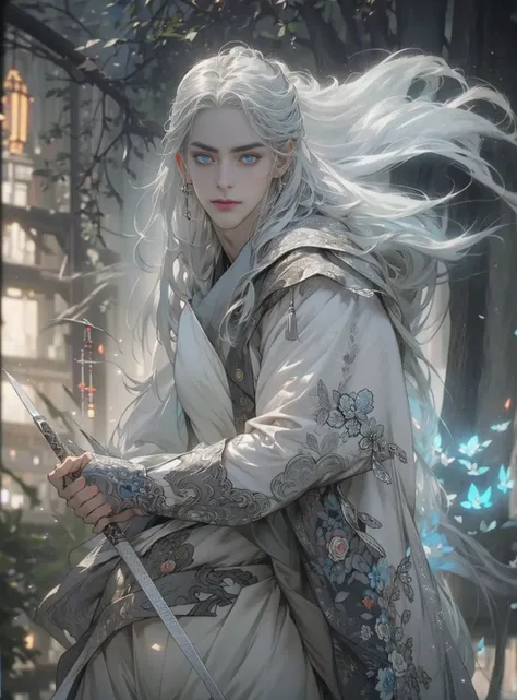 (extreamly delicate and beautiful:1.2), 8K, (tmasterpiece, best:1.0), , (LONG_silver_HAIR_MALE:1.5), Upper body body, a long_haired male, cool and seductive, evil_gaze, wears opened hanfu, half-nudity_chest and intricate detailing, and intricate detailing,...