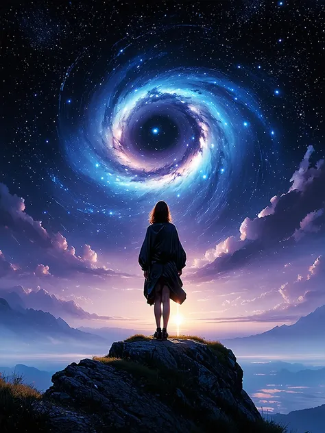 arafed image of a person standing on a mountain looking at a spiral of stars