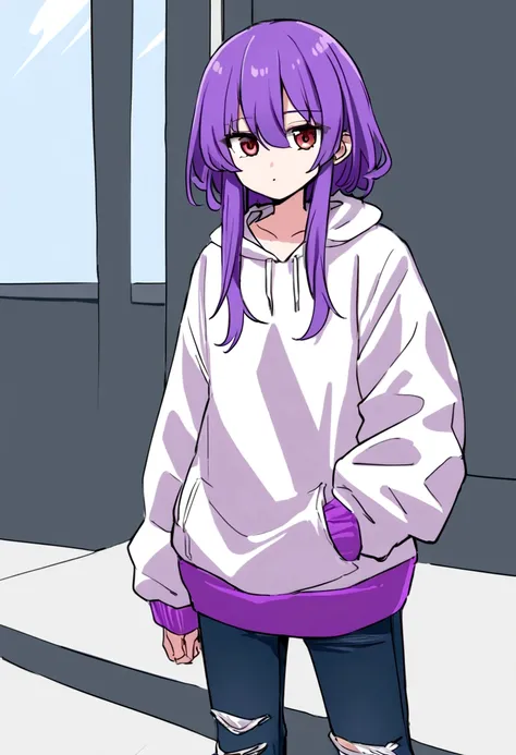 purple hair is cubic and fashionable in five points, y toma la apariencia siniestra de un juego de mordazas, el flequillo de su cabello tiene 2 puntas. Usa Una sudadera color azul oscuro, manga larga holgado, una capucha. Dark denim pants and dark and whit...