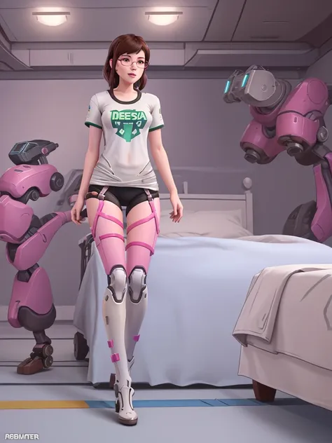 DVA from Overwatch without her roboter, 1 girl solo in her bedroom, a white t shirt, round glasses, tied up short brown hair, full body