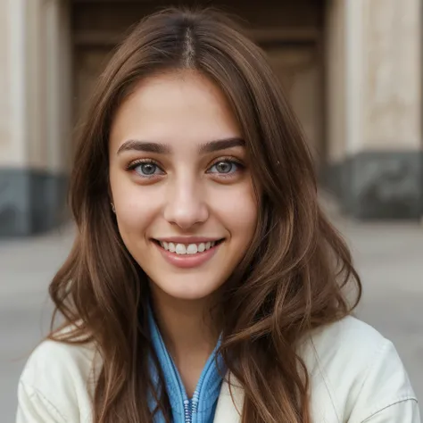 one cute women, 22YO, white, Arab, cute face, realistic brown eyes, blue jacket, blonde/brown hair, cute smile, skinny face, white realistic teethes, big eyes, long hair, no hands