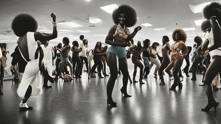 1970s party, beautiful multi-racial women with huge buttocks, dancing, afro, 1970s attire, disco floor, 35mm, depth of field, ci...