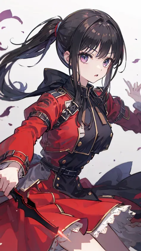 red dress、black hair、ponytail、cute、8k、knife、blade、