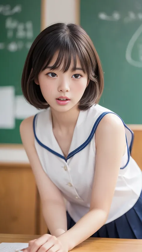 ( highest quality:1.4), long bangs、(beautiful, beautiful, perfection, delicate, complex:1.2), (classroom background, high contra...