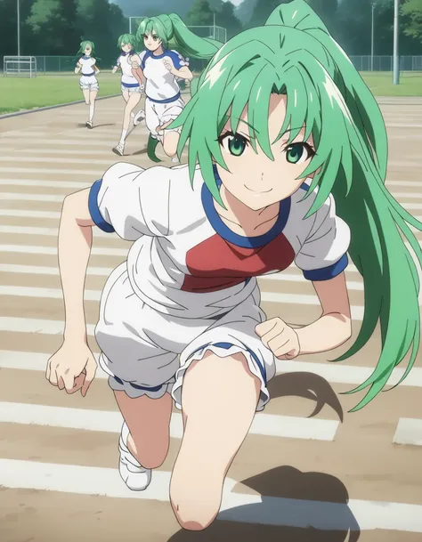 one girl,
sonozakimion,
green eyes,green hair,long hair,ponytail,
gym suit,bloomers,
smile,
schoolyard,
run,
masterpiece, highes...