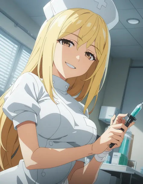 one girl,
takanomiyo,
blonde hair,long hair,brown eyes,
nurse,nurse cap,
wicked smile,
receive an injection,
hospital,
dynamic a...