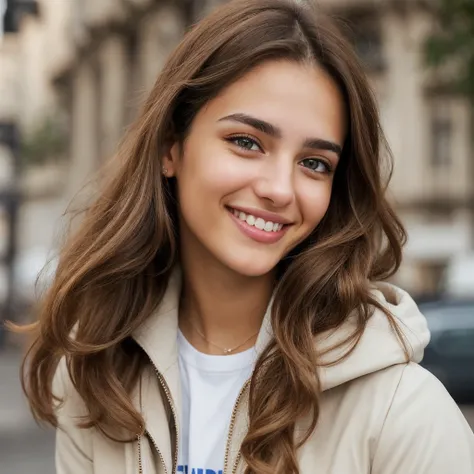 one cute women, 22yo, white, arab, cute face, realistic brown eyes, blue jacket, blonde/brown hair, cute smile, skinny face, whi...