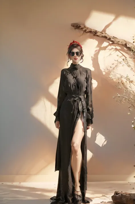 a beautiful iranian woman wearing a long black robe, headscarf, black sunglasses, red lipstick, standing in front of skyscrapers...