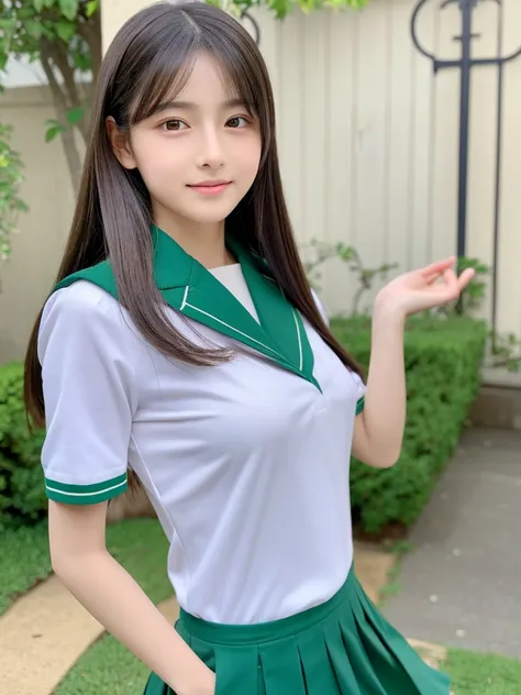 masterpiece、highest quality、８K、Japanese、10  years old、Full body portrait、An attractive and well-groomed face、beautiful girl、Flat chest、(uniform:White and green)、Full body description、Well-formed eyes、sit、An attractive and well-groomed face、Detailed eyes、De...