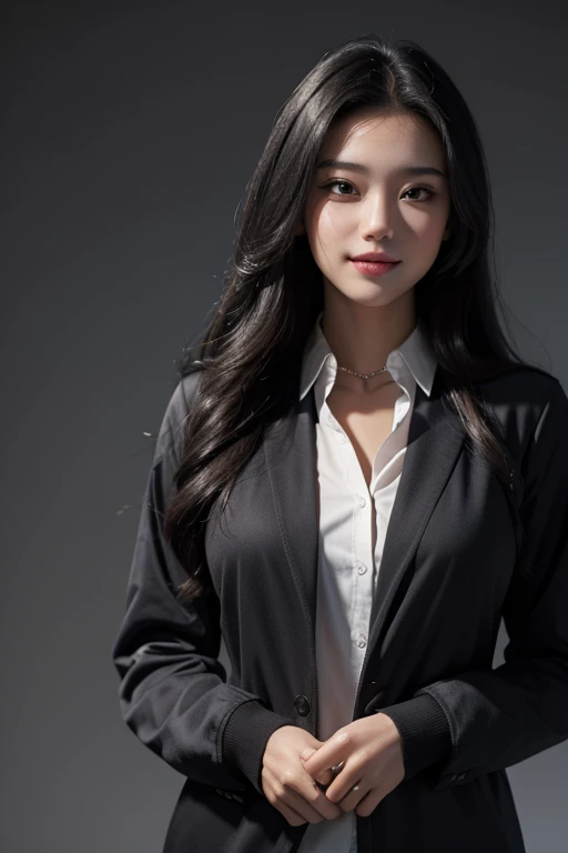 best quality, masterpiece, (photorealistic:1.4),1girl,beautifull,black long hair, light smile, shirt with collars,long sleeve,jacket,dramatic lighting, from below