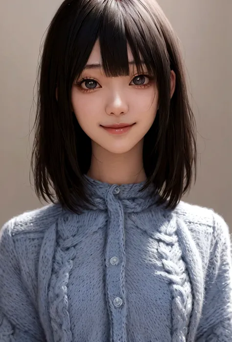 japanese cosplayer、(smile), (knit shirt:1.3)、enako、 best quality, realism,  short hair, ((bangs)),(slender, being thin), (close-...