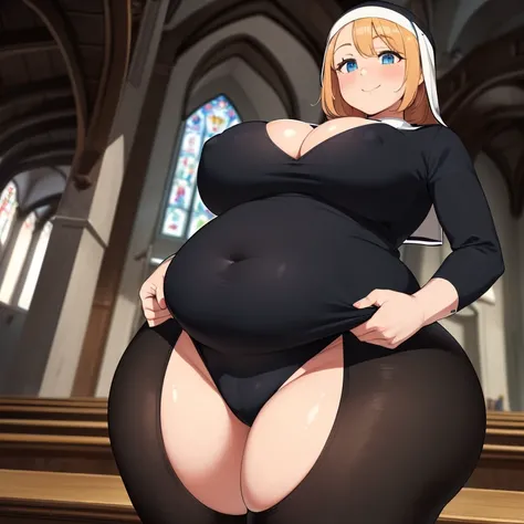 ((High resolution)), masterpiece, high quality, 最high quality, beautiful, Perfect lighting, Detailed face, Super cute face,, ((One girl)), ((alone)), Fluffy hair,, ((blush)), smile, View Viewer, Nuns,Black tights, (Thick thighs), (Wide Hips), ((Chubby)), (...