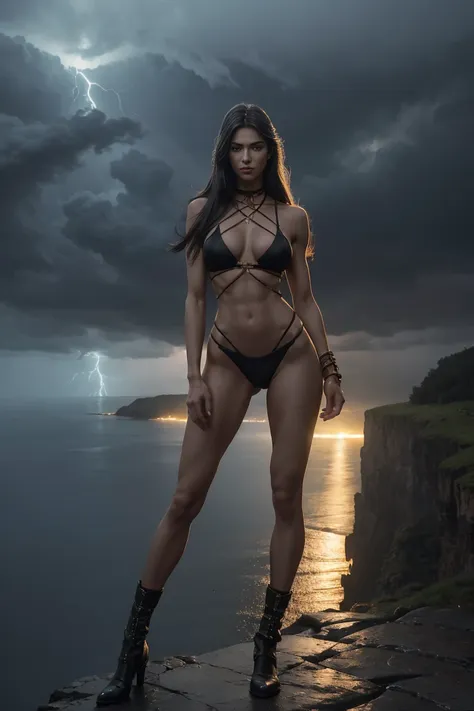 full body beautiful barbarian 20 old years warrior girl with very long right straight hair, slim muscular figure, tall body, perfect figure, perfect thighs, long shapely legs, standing on top of a cliff with her, standing with her legs spread apart, night,...