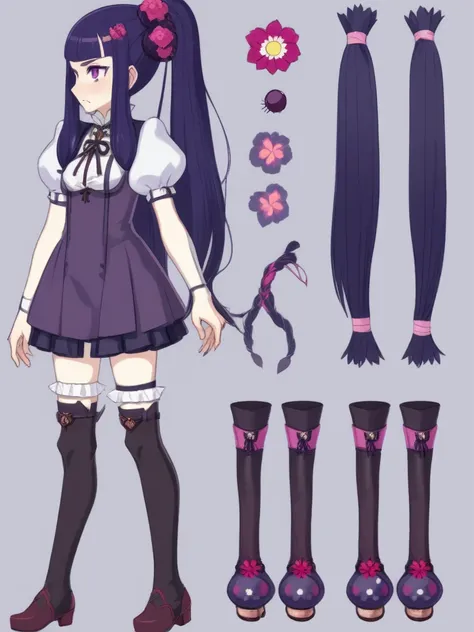 1female, mature female, reference sheet, newest, german 18th century clothes, tight dress, big , big thights, long dark purple hair, low pigtail, pink eyes, freckles,genshin impact, thighhighs, bolt thrower, mondstadt, electro vision, flowers